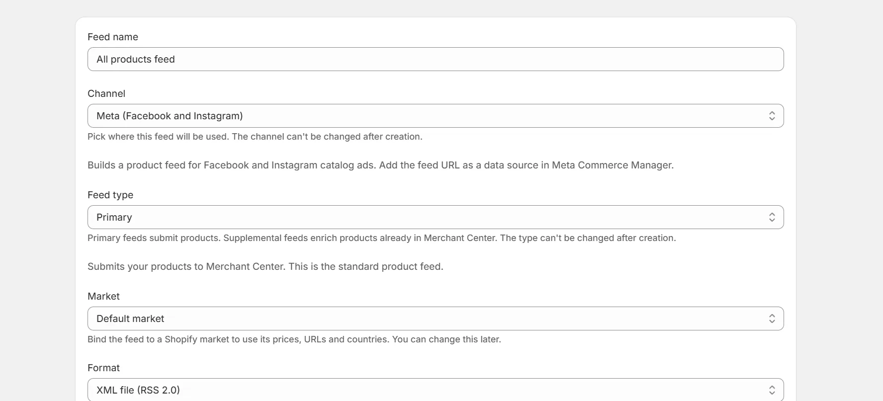 New feed form with Meta selected as the channel