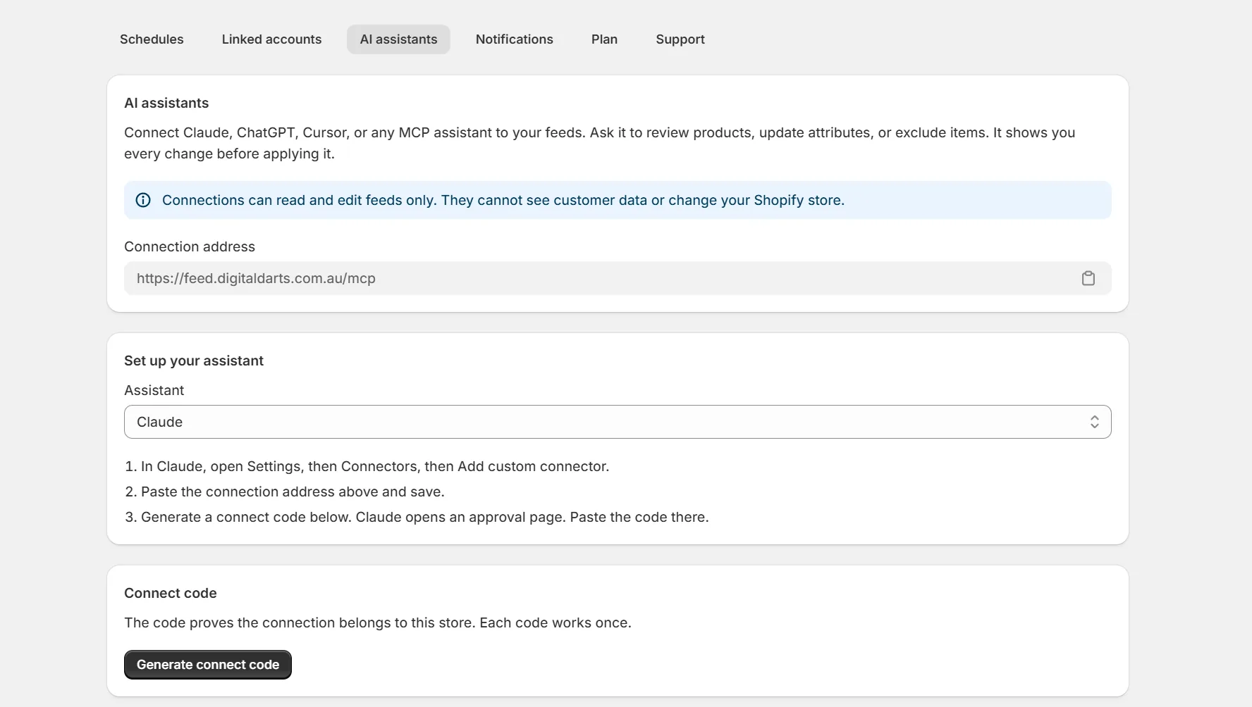 AI assistants settings with the connection address and connect code steps