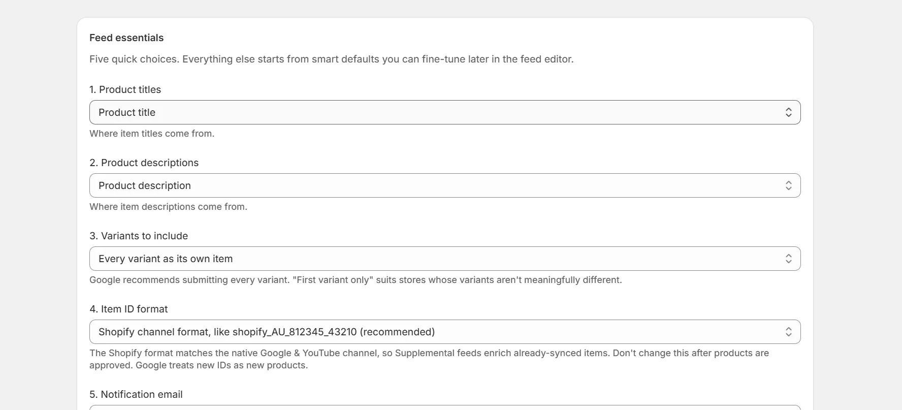 Feed essentials step with five choices for titles, descriptions, variants and item ids
