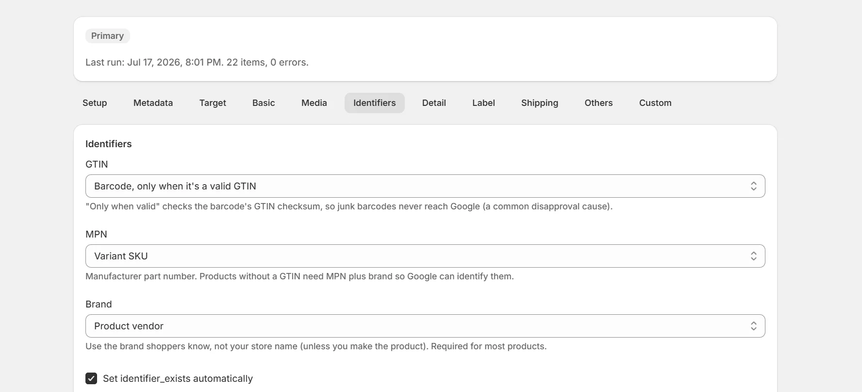 Identifiers tab with GTIN, brand and product category settings