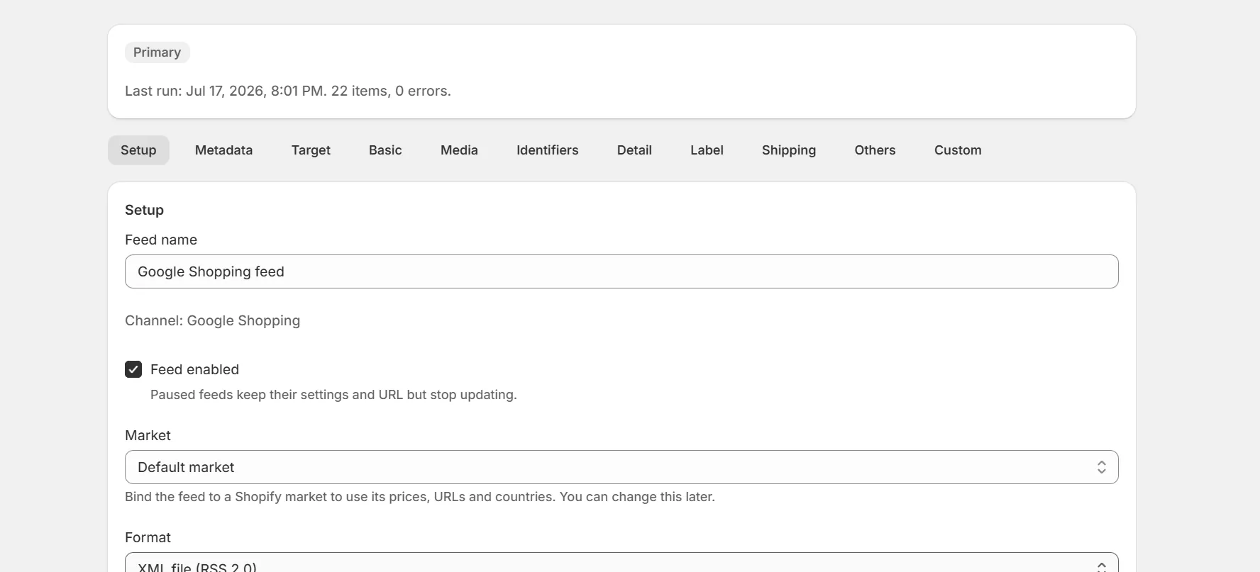Feed editor with eleven attribute tabs and the Setup tab open
