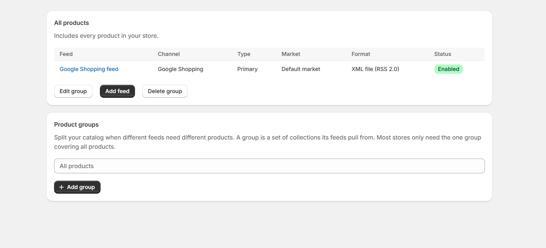 Feeds page listing each feed with its channel, format and enabled status