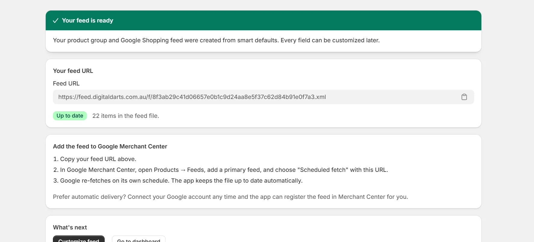 Feed ready page with the feed URL and Merchant Center steps