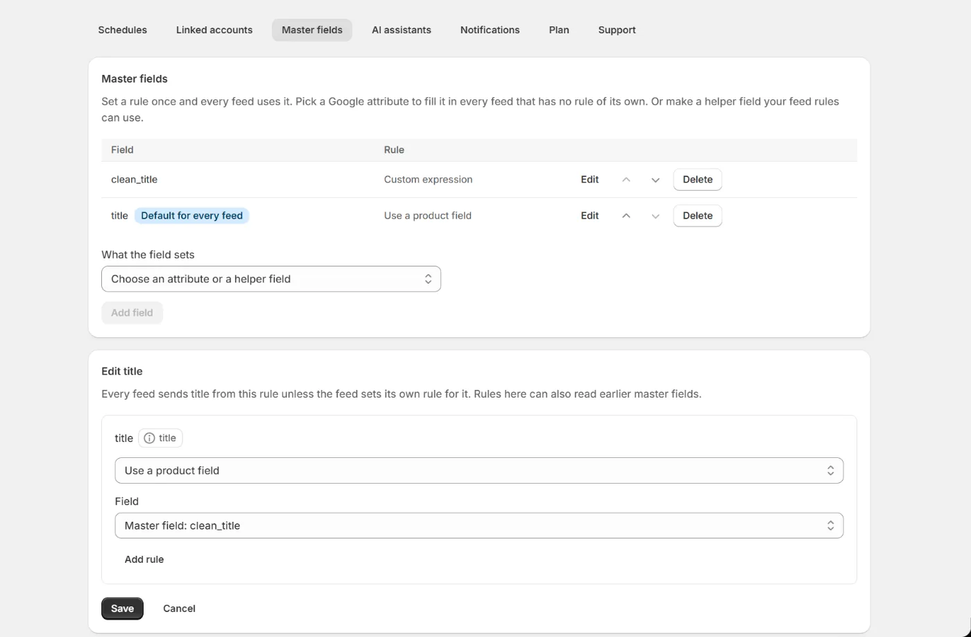 Master fields tab with a helper field and a title default that reads it