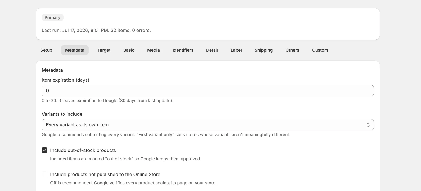 Metadata tab with out of stock and unpublished product settings