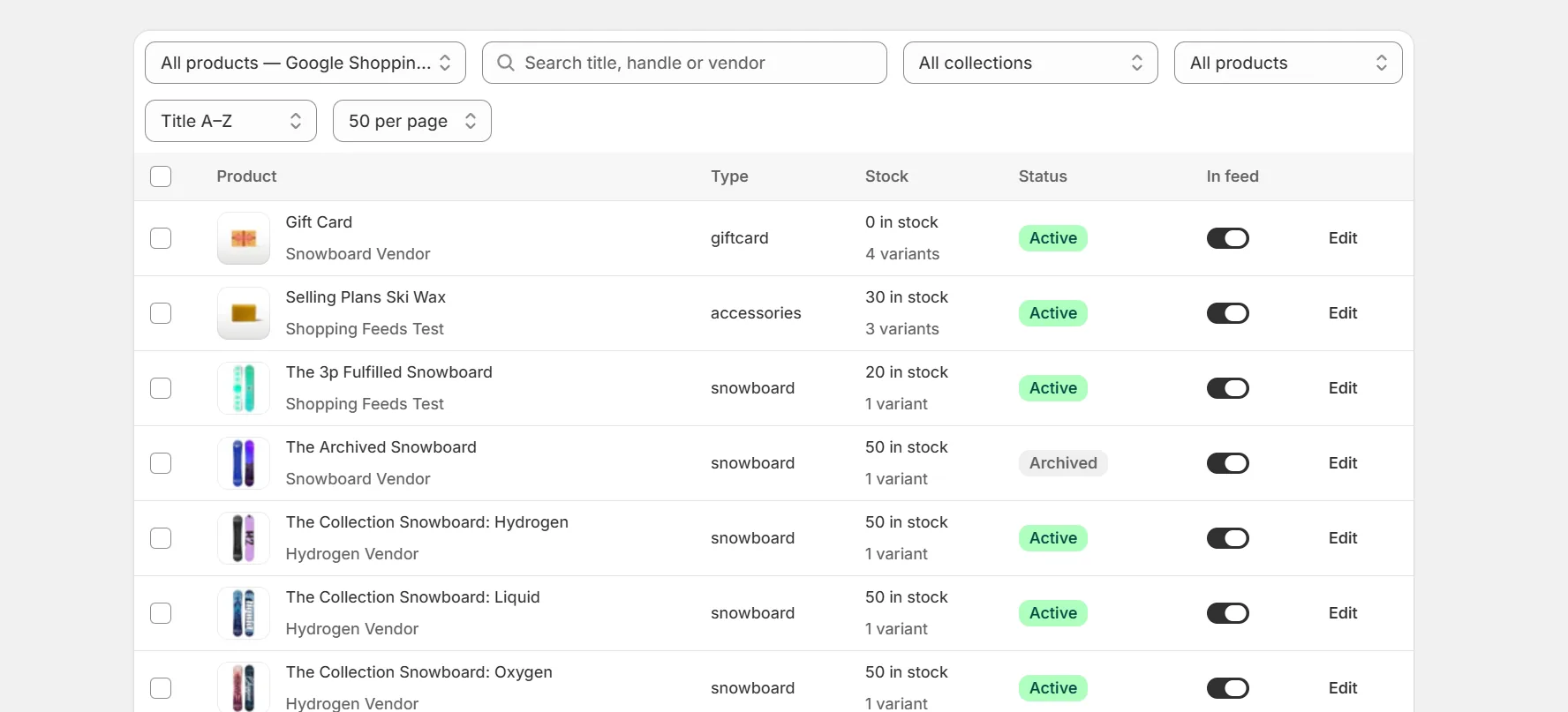 Products page with a feed switch on every product row