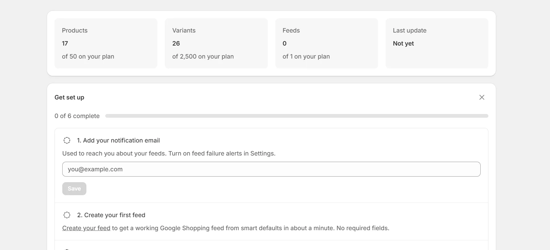 App dashboard with catalog stats and the setup checklist